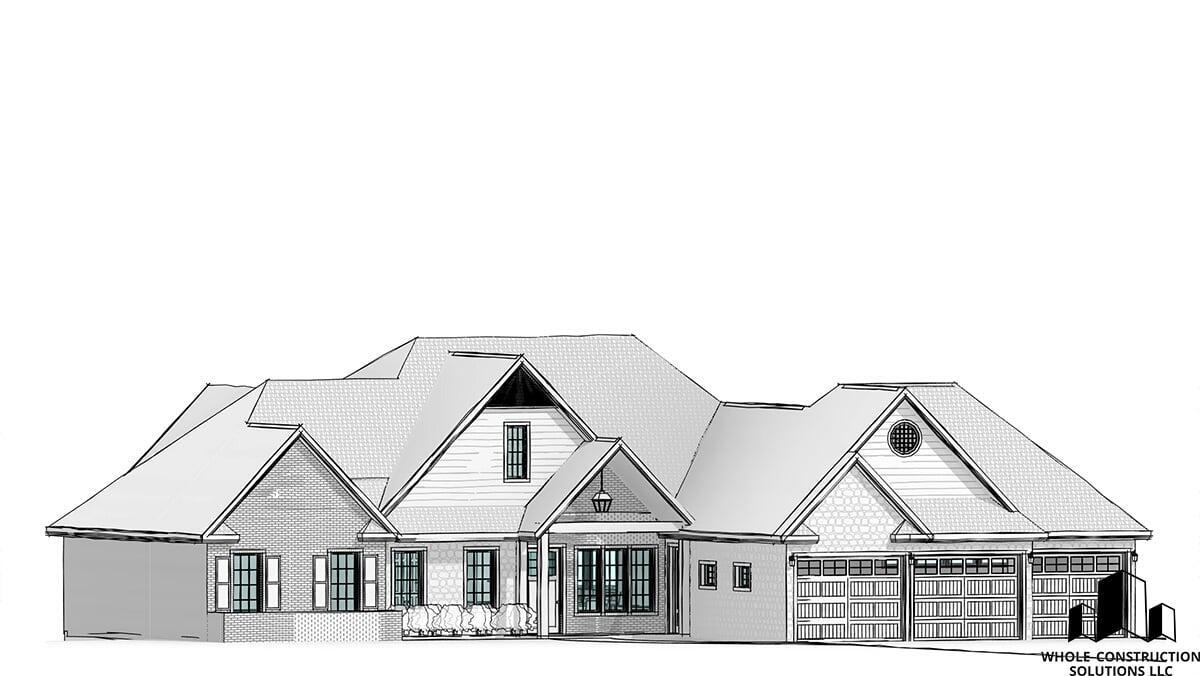 Front elevation of a traditional brick and siding home with multiple gables, a covered entry porch, and a two-car garage designed by Whole Construction Solutions LLC.